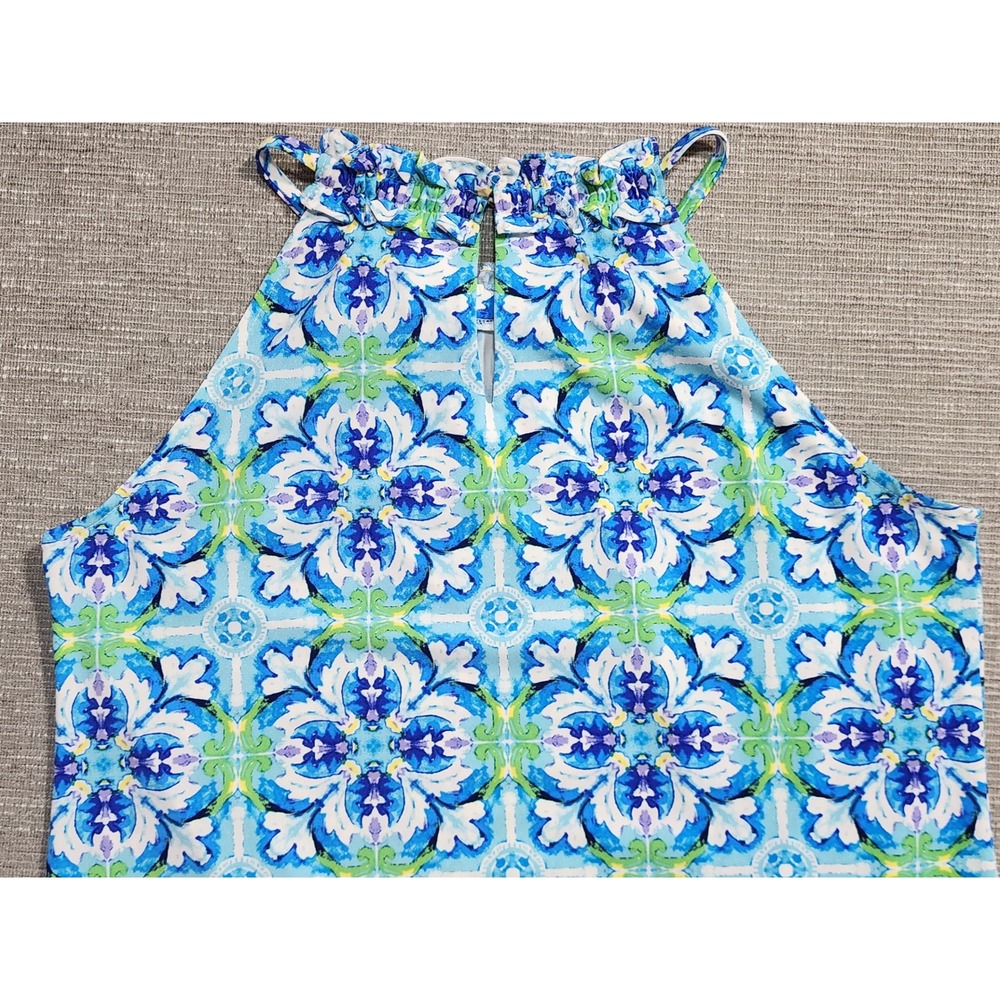 London Times Blue Green Tile Print Ruffle Halter Shift Dress Womens Size 6 - Picture 10 of 11